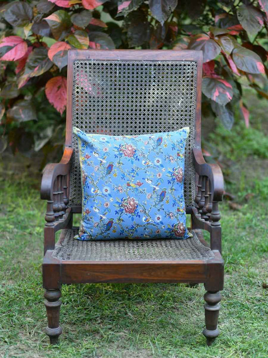 Printed Cushion Cover :  Bird  Blue Sheeting + Canvas