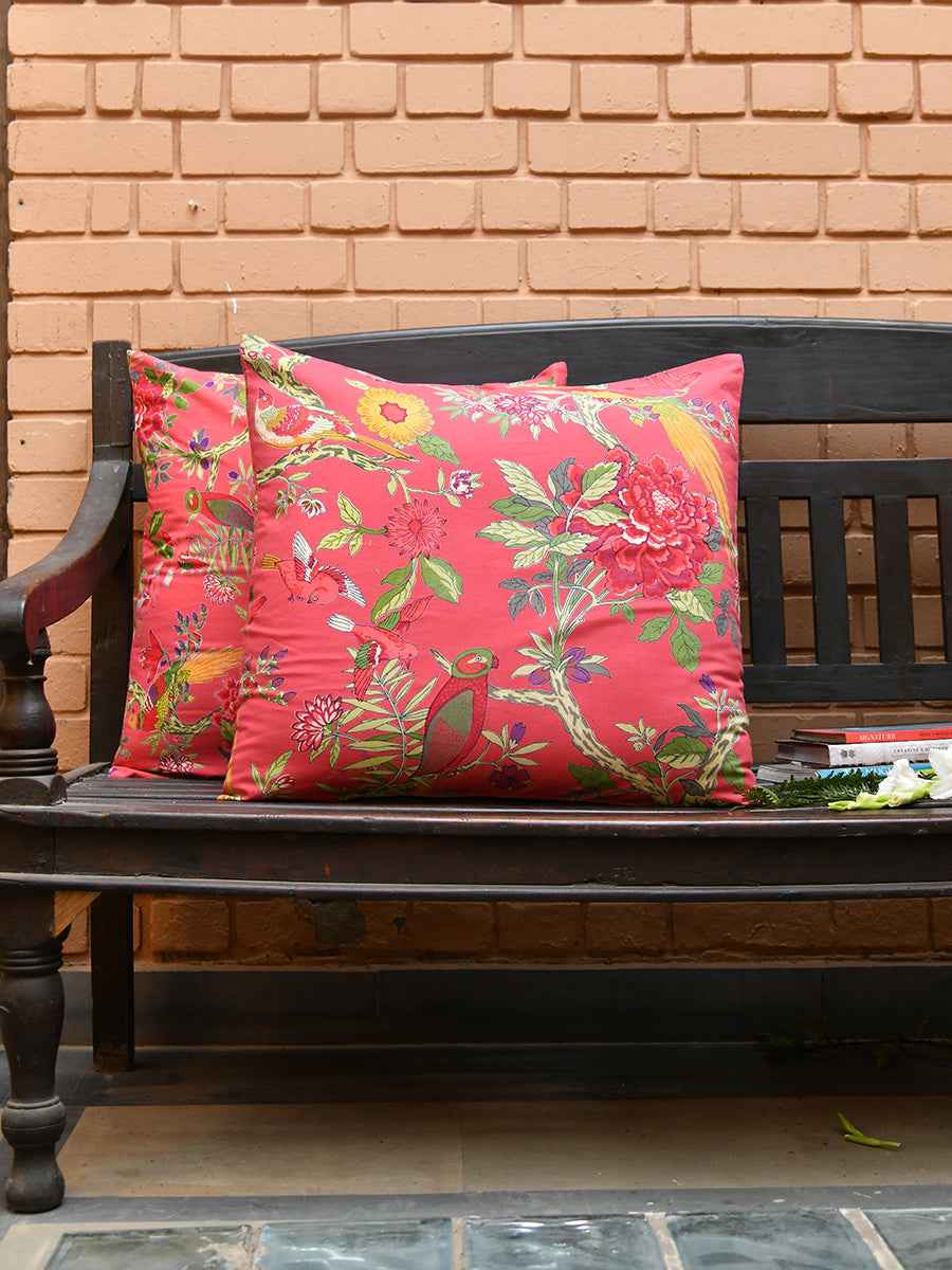 Printed Cushion Cover Reversible : Bird Coral Sheeting + Canvas