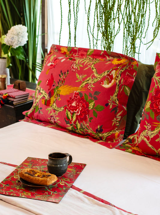 Printed Pillow Cover Reversible : Bird Coral Sheeting