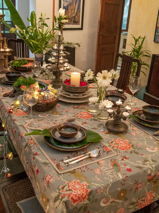 Printed Table Cloth With Extra Border :  Bird  Manosque Sheeting