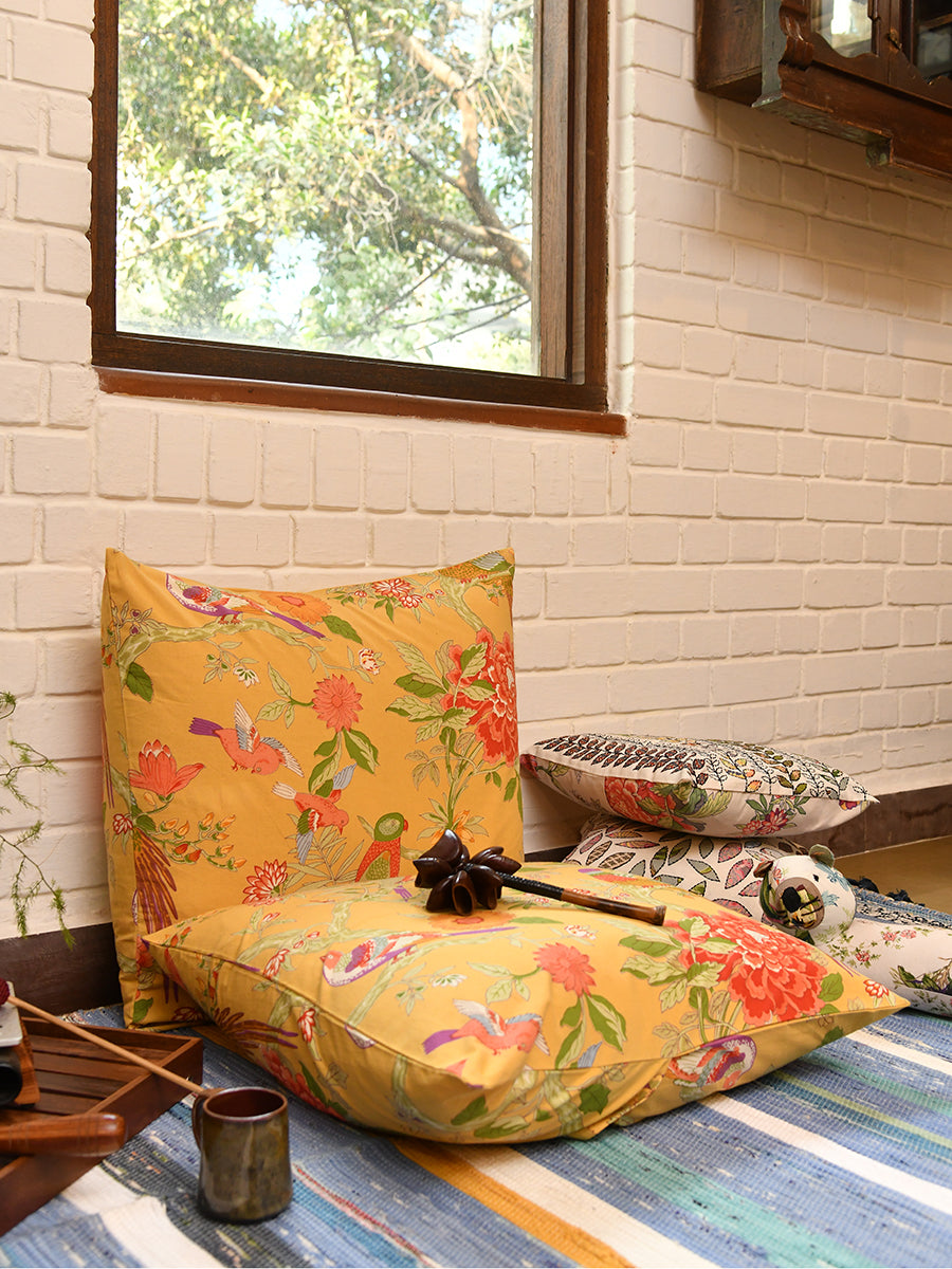 Printed Pillow Cover Reversible :  Bird Yellow Sheeting