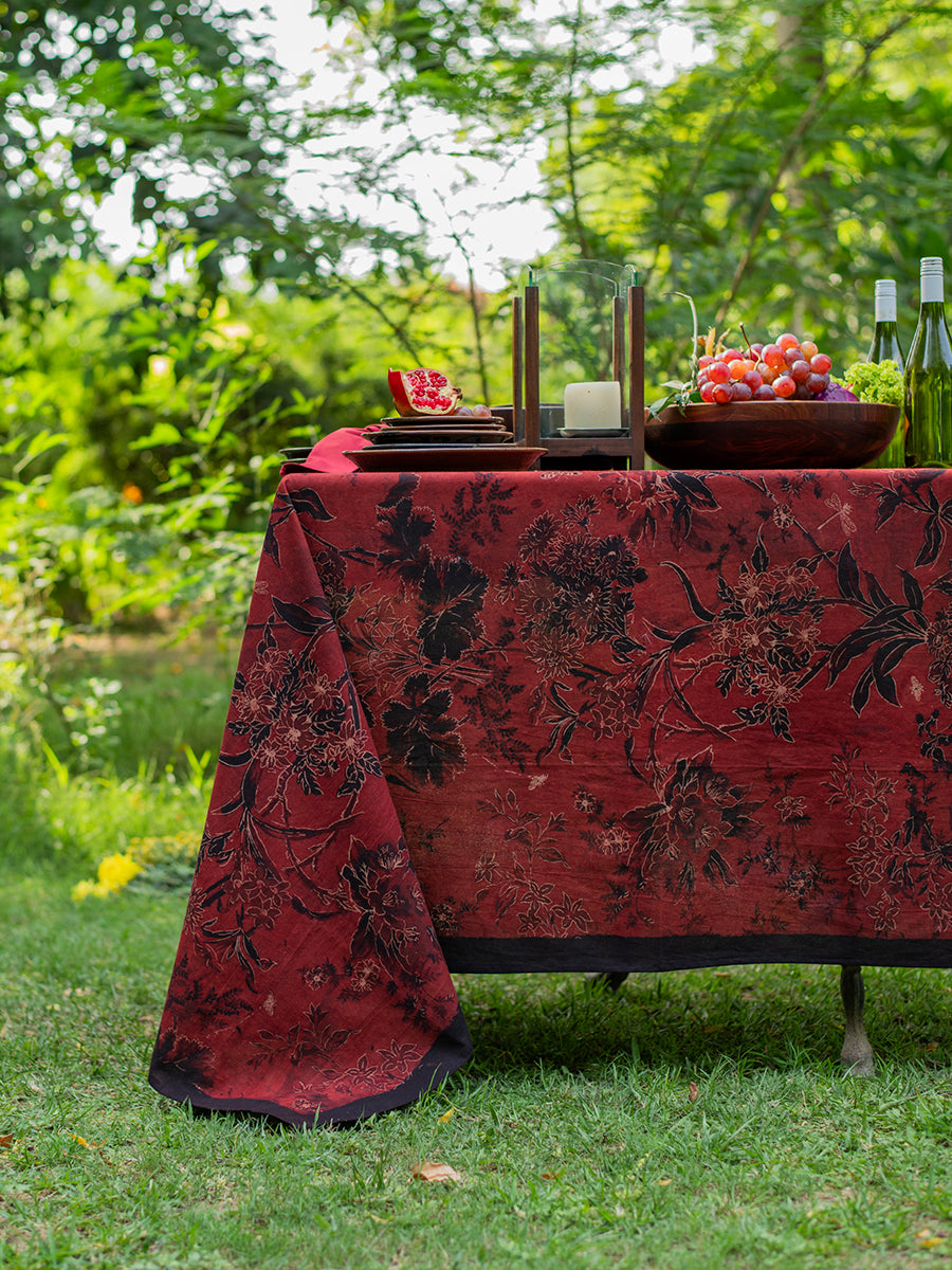 Printed Table Cloth Extra Border : Corsica Ajrakh Madder Organic Sheeting