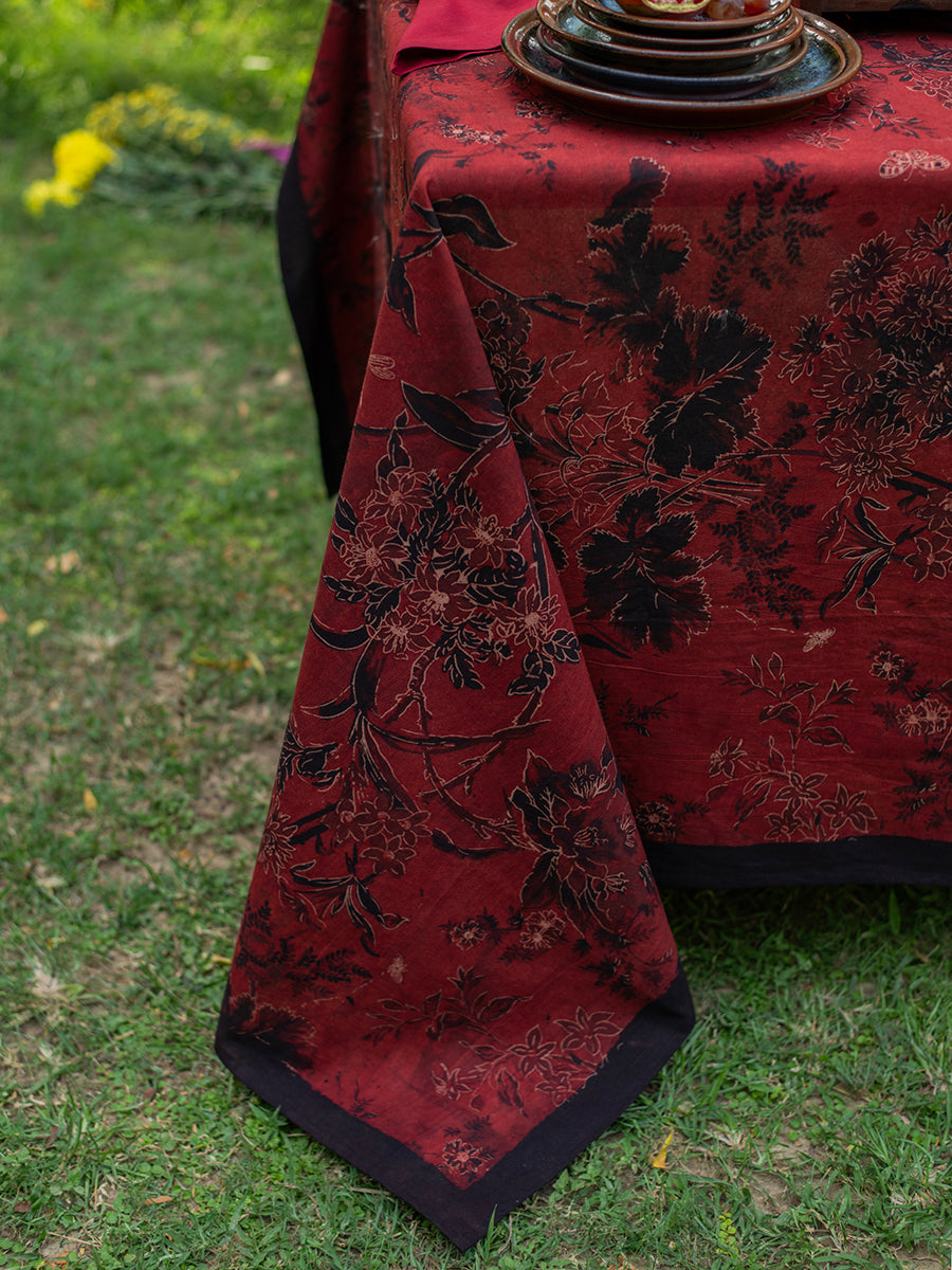 Printed Table Cloth Extra Border : Corsica Ajrakh Madder Organic Sheeting