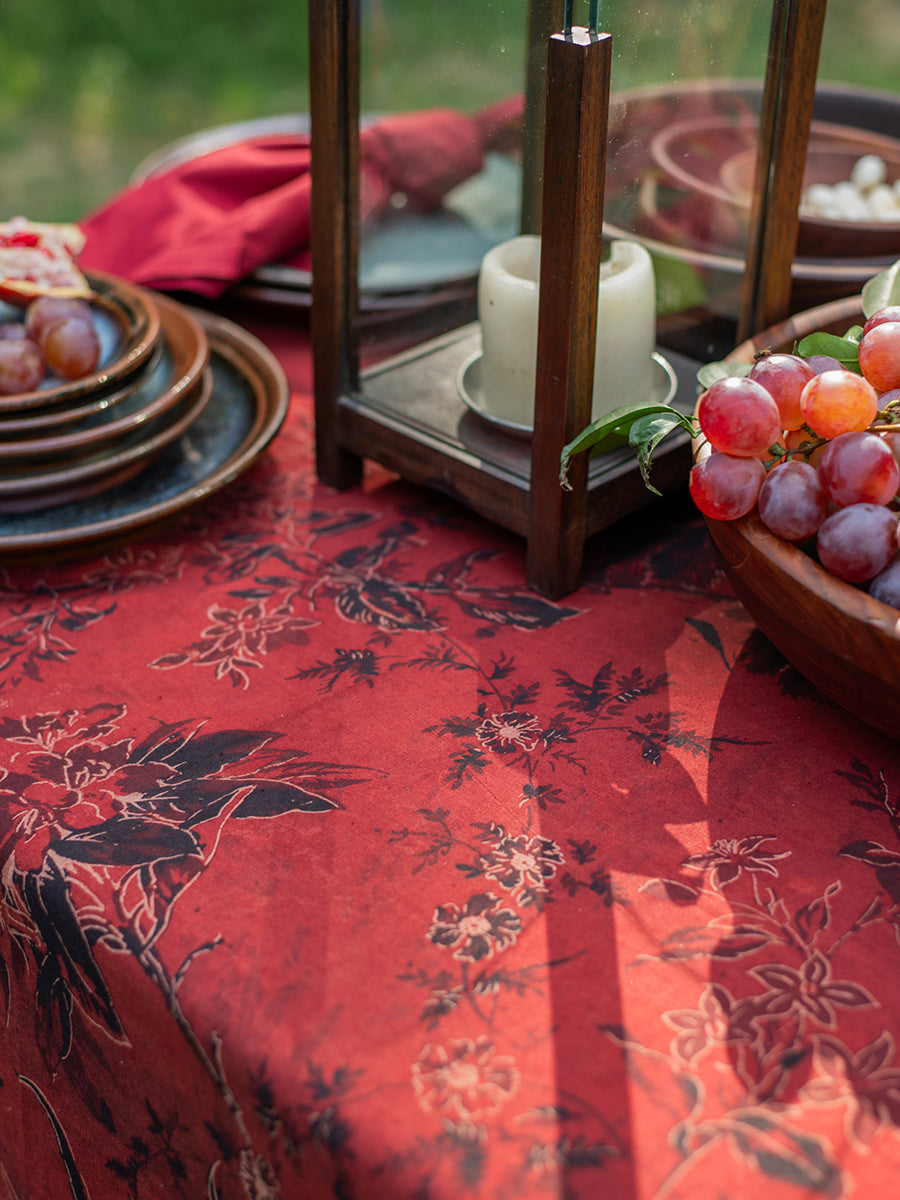 Printed Table Cloth Extra Border : Corsica Ajrakh Madder Organic Sheeting