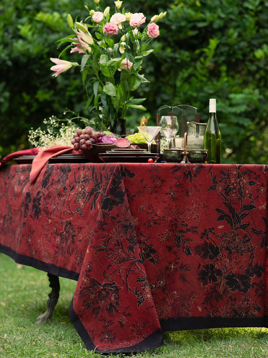 Printed Table Cloth Extra Border : Corsica Ajrakh Madder Organic Sheeting