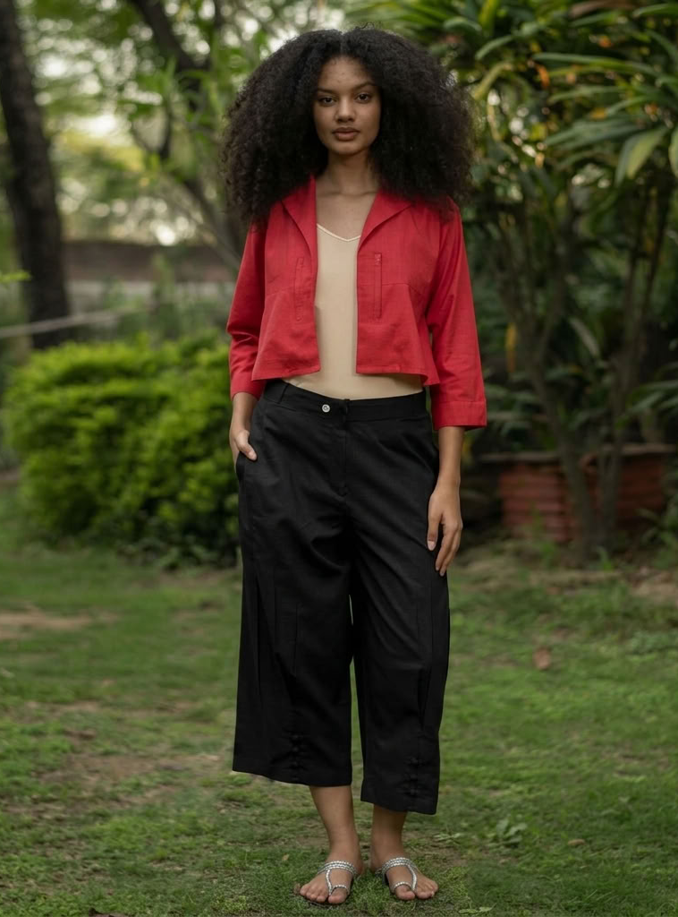 Crop Pant :  Solid  Black Slub