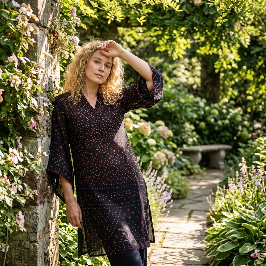 Potli Kaftan : Bandhani Black Voile