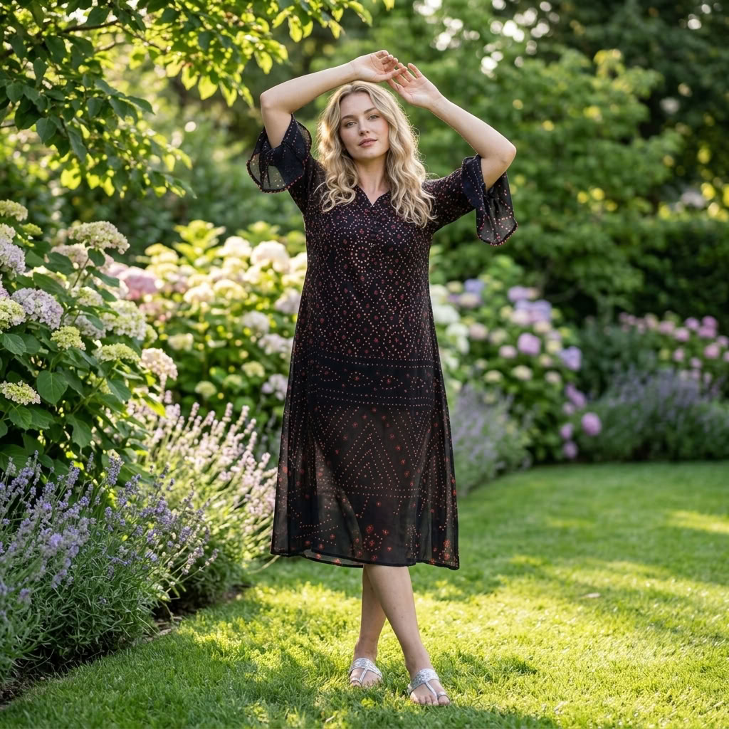 Potli Kaftan : Bandhani Black Voile