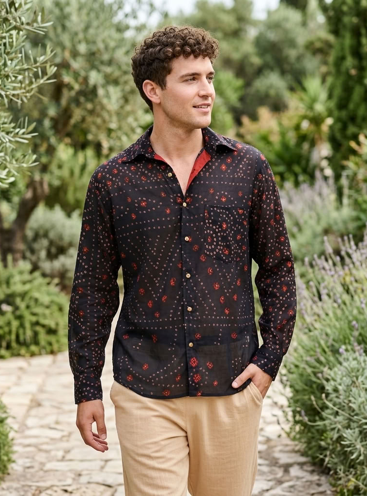 Xavier Shirt Full Sleeves : Bandhani Black Voile