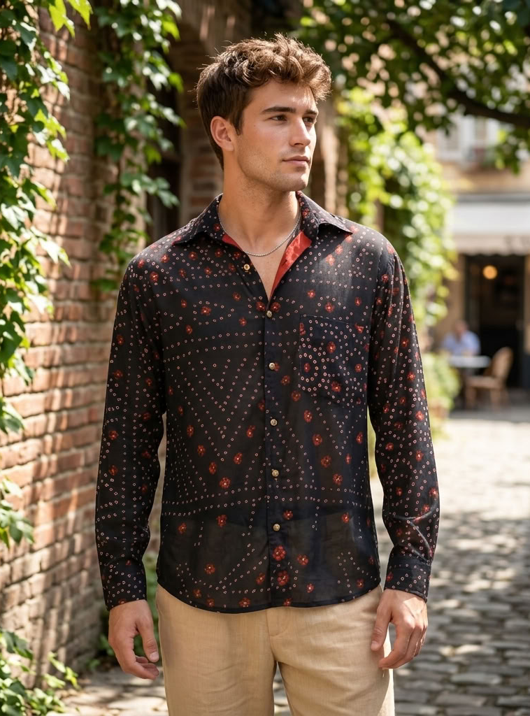 Xavier Shirt Full Sleeves : Bandhani Black Voile