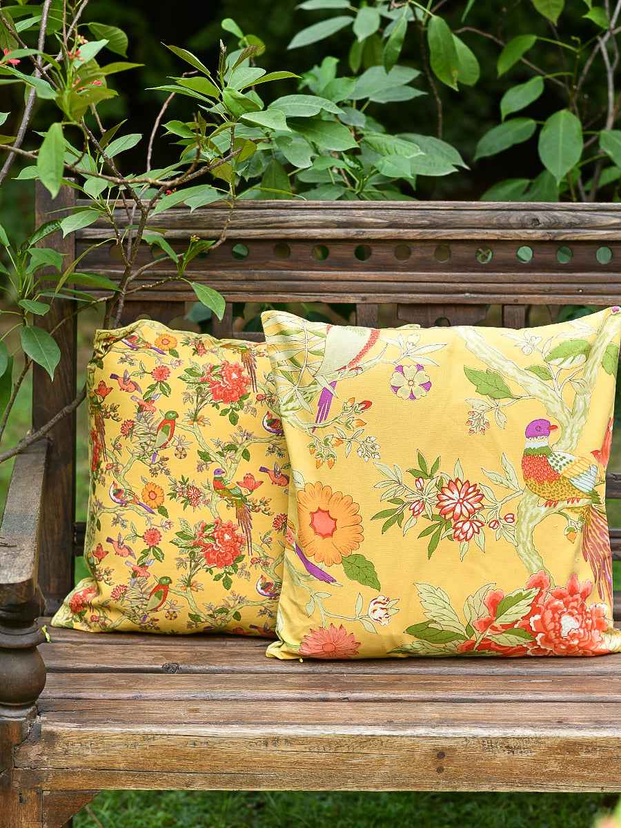 Printed Cushion Cover Reversible : Bird Yellow Sheeting + Canvas