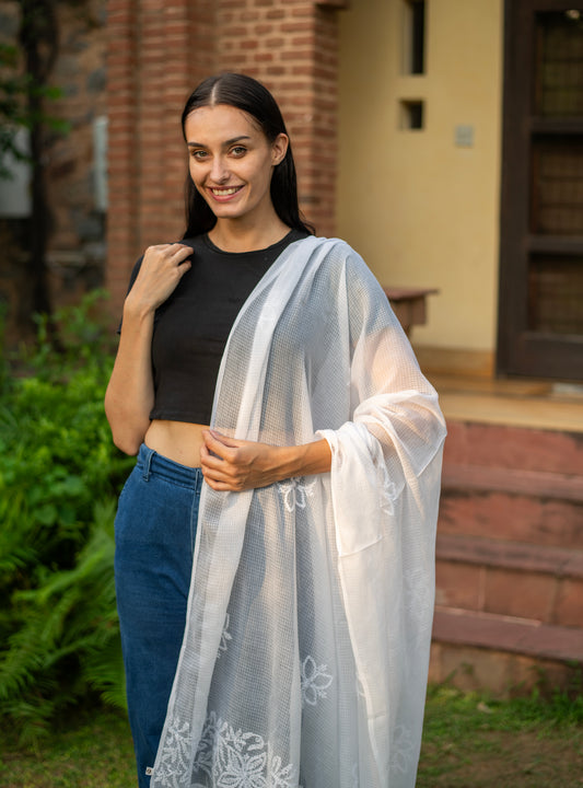 Chikan Embroidered Dupatta : Solid White Kota