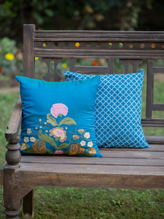 Embroidered Silk Cushion Cover : Vintage Floral Blue