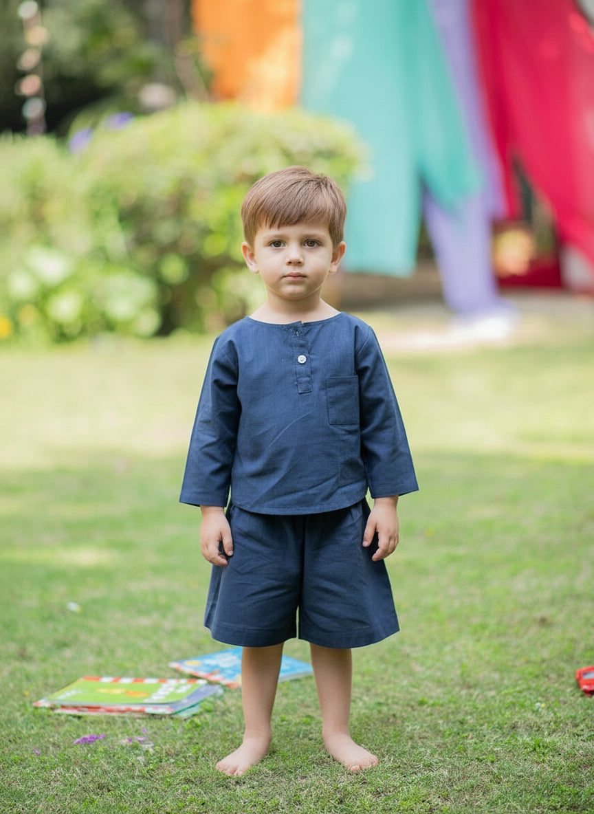 Kids Boat Neck Top : Slub Navy