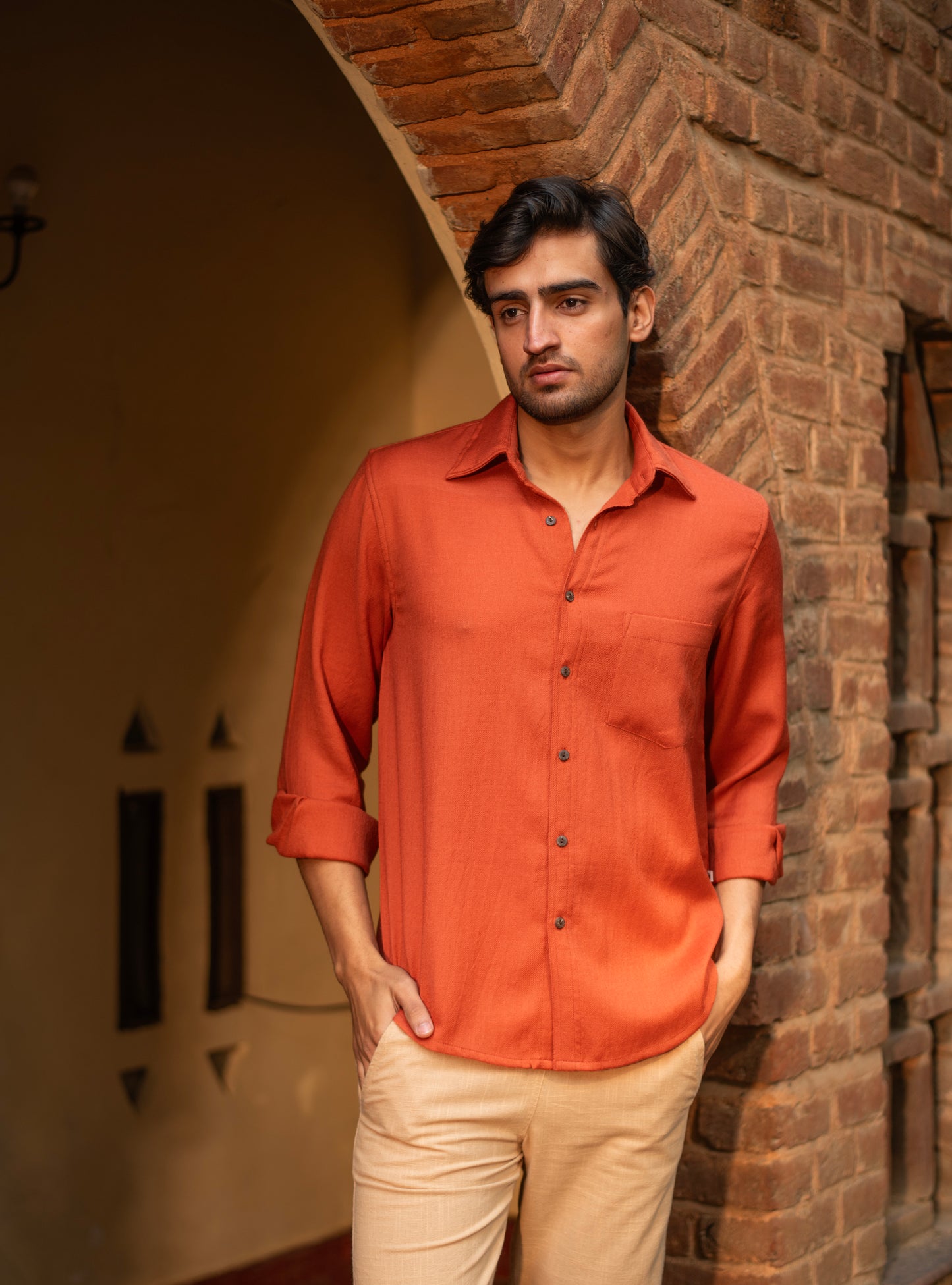 Xavier Shirt Full Sleeves : Solid Paprika Twill Wool