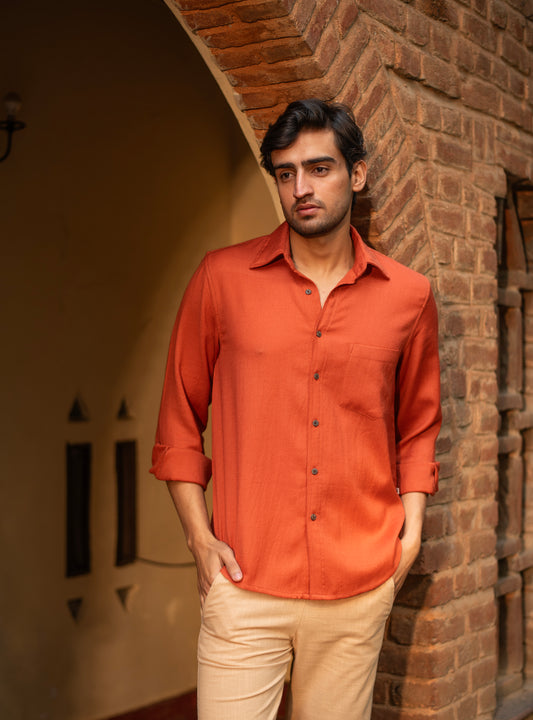 Xavier Shirt Full Sleeves : Solid Paprika Twill Wool